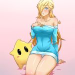  1_girl 1girl arm_support art blonde blonde_hair blue_eyes blush breasts chiko_(mario) covered_navel crown female hair_over_one_eye imdsound large_breasts long_hair mario_(series) nintendo off_shoulder panties pantyshot pantyshot_(sitting) princess_rosalina rosalina rosetta_(mario) seiza solo striped striped_panties super_mario_bros. super_mario_galaxy sweater underwear 