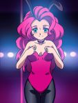 1girl bare_arms blue_eyes breasts bunny_ears bunny_girl bunnysuit clothed exposed_breasts female female_only friendship_is_magic gif humanized leotard leotard_pull long_hair long_pink_hair my_little_pony pantyhose pink_hair pinkie_pie pinkie_pie_(mlp) solo standing stripper_pole