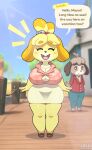  1girl 2024 animal_crossing anthro artist_name background_character big_breasts black_nose blonde_hair breasts canid canine canis cleavage closed_eyes clothing cloud countershade_face countershade_torso countershading day dialogue digby_(animal_crossing) digital_drawing_(artwork) digital_media_(artwork) dog doubutsu_no_mori english_text female_anthro female_focus footwear furry greeting hair happy huge_breasts isabelle_(animal_crossing) lollipopcon multicolored_body multicolored_face multicolored_skin nintendo open-mouth_smile open_mouth open_smile sexy sexy_body sexy_breasts shih_tzu shirt shizue_(doubutsu_no_mori) shoes skirt sky smile speech_bubble standing text text_box thick_thighs thighs tied_hair topknot toy_dog two_tone_body two_tone_face two_tone_skin white_countershading yellow_body yellow_skin 