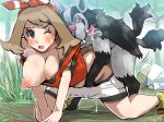 1girl all_fours beastiality blush boris_(noborhys) breasts brown_hair clothed_sex cum doggystyle erect_nipples haruka_(pokemon) haruka_(pokemon)_(remake) kneeling large_breasts mightyena nipples one_eye_closed pokemon pokemon_(game) pokemon_oras sex shiny shiny_skin sweat vaginal