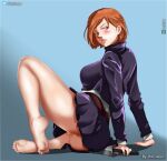 1girl 1girl anus artist_name ass barefoot bob_cut brown_eyes brown_hair chin_length_hair clothed_female dat_ass deviantart_username eyelashes female_focus female_only ginger hell904 jujutsu_kaisen kugisaki_nobara light_skin looking_at_viewer medium_hair mostly_clothed no_panties on_side pussy seductive_look short_hair solo_female solo_focus student tagme teen twitter_username