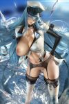 1girl akame_ga_kill! big_breasts blue_eyes chest_tattoo curvaceous curves curvy curvy_female esdeath esdeath_(akame_ga_kill!) high_res high_resolution huge_breasts human ice long_hair looking_at_viewer matching_hair/eyes military_uniform naughty_face realistic sakimichan standing