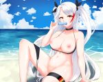 1girl 1girl 1girl 5:4_aspect_ratio anchor arm_at_side azur_lane bangs bare_shoulders beach big_breasts bikini black_bikini black_choker black_ribbon black_swimsuit blue_sky blush breasts choker clavicle cleavage cloud day dripping eating eyebrows eyebrows_behind_hair fingernails flag_print food food_in_mouth german_flag german_flag_bikini hair_between_eyes hand_up high_resolution holding holding_food holding_object horizon knee_up long_hair looking_at_viewer matmaj melting midriff mole mole_on_breast multicolored multicolored_hair navel nipples ocean open_mouth orange_eyes outside popsicle prinz_eugen_(azur_lane) prinz_eugen_(unfading_smile)_(azur_lane) pussy ribbon sand side-tie_bikini sidelocks silver_hair sky smile streaked_hair summer swept_bangs swimsuit thigh_strap tongue tongue_out two_side_up untied untied_bikini very_high_resolution very_long_hair water