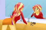 1girl ass bent_over clothed equestria_girls female female_only friendship_is_magic lipstick lipstick_tube long_hair looking_in_mirror mirror my_little_pony reflection skirt solo standing sunset_shimmer sunset_shimmer_(eg) two-tone_hair