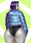  1girl ass ass_focus cambion dat_ass dc_comics female_only forehead_jewel foxicube grey_skin large_ass looking_at_viewer looking_back purple_hair rachel_roth raven_(dc) smooth_skin teen_titans 