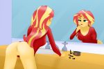 1girl ass bent_over bottomless equestria_girls female female_only friendship_is_magic lipstick lipstick_tube long_hair looking_in_mirror mirror my_little_pony no_panties partially_clothed pussy reflection solo standing sunset_shimmer sunset_shimmer_(eg) two-tone_hair