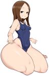  1girl big_ass big_thighs brown_eyes brown_hair brunette cham22 grin karakai_jouzu_no_takagi-san light-skinned_female navel_visible_through_clothes one-piece_swimsuit small_breasts smile takagi-san thin_waist wide_hips 