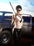 1girl 1girl clothes gun mbirdcz sunglasses truck