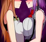  2girls blush breast_press clothed clothing dagashi_kashi embarrassed endou_saya_(dagashi_kashi) female female_only huge_breasts licking_lips shidare_hotaru small_breasts sweatdrop symmetrical_docking wavy_mouth yuri 