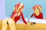 1girl ass bent_over black_thong equestria_girls female female_only friendship_is_magic lipstick lipstick_tube long_hair looking_in_mirror mirror my_little_pony partially_clothed reflection solo standing sunset_shimmer sunset_shimmer_(eg) thong two-tone_hair