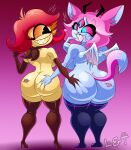 1girl anthro ass ass_grab big_ass big_ass blue_body butt_grab clothing crossover demon duo emberlynn_pinkle emberlynn_pinkle_(demon_form) felid feline female/female freckles hair hand_on_ass hand_on_butt hazbin_hotel helluva_boss high_res horn humanoid kiss_mark kiss_mark_on_butt lechugansfw legwear mammal niffty nude pink_hair red_hair simple_background stockings tail vivienne_medrano vivziepop wings yellow_body yuri