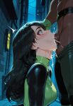 1boy1girl 1girl ai_generated alley bodysuit curvy curvy_female curvy_figure dark-skinned_male fellatio fellatio kim_possible long_hair night night_sky sex shego