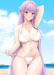 1girl 1girl absurdly_long_hair alluring big_breasts bikini blue_sky braid cloud commentary_request commission cowboy_shot crown_braid dada_(dadada_20) day fire_emblem fire_emblem:_the_binding_blade high_res intelligent_systems long_hair nintendo outside pixiv_commission purple_eyes purple_hair side-tie_bikini_bottom sky sophia_(fire_emblem) standing swimsuit thigh_gap very_long_hair white_bikini