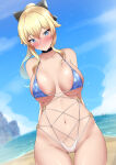 1girl 1girl 2021 alluring areola areola_slip arms_behind_back ass_visible_through_thighs beach belly_button big_breasts bikini black_choker blonde_hair blue_bikini_top blue_eyes blue_sky blush blushing_at_viewer bow bow_in_hair breasts cameltoe choker dearonnus detailed_background female_focus female_only genshin_impact hips jean_gunnhildr large_areolae long_hair long_ponytail looking_at_viewer micro_bikini mondstadt_girls ocean outside ponytail pussy sideboob slim_waist smile smiling_at_viewer string_bikini swimsuit thick_thighs thigh_gap thighs under_boob water white_bikini_bottom wide_hips