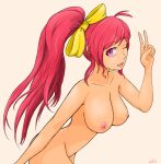 1girl ;d alluring bare_shoulders big_breasts collarbone completely_nude_female dancer enbu fire_emblem fire_emblem:_mystery_of_the_emblem intelligent_systems long_hair looking_at_viewer nintendo nipples nude nude_female one_eye_closed open_mouth phina_(fire_emblem) pink_eyes ponytail red_hair smile v white_background wink