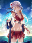 1girl 1girl :d absurd_res alluring animal animal_on_shoulder artist_name bare_shoulders bikini bikini_skirt bird bird_on_shoulder blue_scarf blue_sky breasts clear_glass_(mildmild1311) cleavage cloud cloudy_sky collarbone cowboy_shot fire_emblem fire_emblem:_radiant_dawn fire_emblem_heroes flower front-tie_bikini_top front-tie_top gloves grey_hair hair_flower hair_ornament hair_ribbon half_updo high_res intelligent_systems light_particles long_hair looking_at_viewer medium_breasts micaiah_(fire_emblem) micaiah_(wavecrest_maiden)_(fire_emblem) navel nintendo official_alternate_costume open_mouth partially_submerged red_bikini red_gloves ribbon scarf signature sky smile swimsuit water yellow_eyes yune_(fire_emblem)