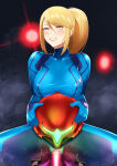 1girl 3others attacked big_breasts blue_bodysuit blue_eyes bodysuit breasts censored clenched_teeth dark_background dying e.m.m.i eyebrows_visible_through_hair fang female_focus female_only glowing glowing_eyes gradient gradient_background hair_between_eyes half-closed_eyes helmet helmet_removed holding_helmet holding_object laser legs lips lipstick long_hair looking_up makeup metroid metroid_dread mole mole_under_mouth neck nintendo pink_lipstick ponytail pussy red_eyes robot round_teeth saliva samus_aran sawasa sawasa_(artist) sitting skin_tight solo_focus spread_legs straight_hair sweat sweating thick_thighs thighs tied_hair torn_bodysuit torn_clothes wounded zero_suit zero_suit_samus