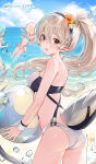 3_girls alluring alternate_costume alternate_hairstyle aqua_bikini arms_up ass ball bare_shoulders beach beachball bikini black_hairband blue_bikini blue_hair blush bubble cloud cloudy_sky corrin_(fire_emblem) dragon_girl dragon_tail felicia_(fire_emblem) fire_emblem fire_emblem_fates fire_emblem_warriors flora_(fire_emblem) flower grey_bikini grey_hair hair_between_eyes hair_flower hair_ornament hairband haru_(nakajou-28) high_res holding holding_ball holding_beachball intelligent_systems long_hair looking_at_viewer medium_breasts midriff multiple_girls navel nintendo open_mouth outside pink_bikini pink_hair pointy_ears ponytail red_eyes sideboob sky smile stomach sweatdrop swimsuit tail twin_tails water white_hair wrist_cuffs
