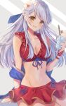 1girl 1girl alluring bare_shoulders bikini blush collarbone edamameoka fire_emblem fire_emblem:_radiant_dawn fire_emblem_heroes hair_ornament hair_ribbon high_res intelligent_systems long_hair looking_at_viewer medium_breasts micaiah_(fire_emblem) micaiah_(wavecrest_maiden)_(fire_emblem) nintendo open_mouth red_bikini ribbon simple_background smile swimsuit upper_body white_hair yellow_eyes