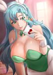 1girl 1girl alluring alternate_costume animal_ears aqua_hair bare_shoulders bow braid card chloe_(fire_emblem) commentary_request fake_animal_ears fake_tail fire_emblem fire_emblem_engage green_eyes green_leotard hair_bow hairband hand_up holding holding_card indoors intelligent_systems leotard long_hair looking_at_viewer nintendo orange_bow pantyhose parted_lips pink_lips playboy_bunny rabbit_ears rabbit_tail rinku_bny smile strapless strapless_leotard tail upper_body very_long_hair white_hairband white_pantyhose