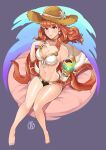 1girl arm_up artist_logo barefoot bikini celica_(fire_emblem) choker cup earrings fire_emblem fire_emblem_echoes:_shadows_of_valentia fire_emblem_warriors gold_choker gold_trim grey_background hat high_res holding holding_cup intelligent_systems jewelry logo nintendo orange_hair red_eyes red_hair revolverwing revolverwingstudios seashell shell shell_earrings sitting straw_hat swimsuit white_bikini