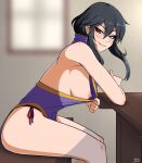 1girl alluring black_eyes black_hair blush commission commissioner_upload earrings fire_emblem fire_emblem:_genealogy_of_the_holy_war high_res intelligent_systems jewelry larcei_(fire_emblem) looking_at_viewer medium_breasts nintendo nipple_slip nipples no_pants panties public_indecency public_nudity smile smug string_panties tsunsune underwear