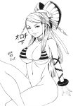 1girl 1girl alluring big_breasts bikini bikini_top_only bracelet breasts character_name commentary female_focus fire_emblem fire_emblem_fates greyscale hair_ornament high_res intelligent_systems jewelry looking_at_viewer monochrome nintendo orochi_(fire_emblem) shinzu_(the-shinzu) smile swimsuit thighs white_background