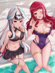 2_girls ;d alluring big_breasts bikini bikini_skirt black_bikini black_hair choker cleavage commentary_request fire_emblem grin hand_on_own_chest haru_(nakajou-28) high_res intelligent_systems jewelry long_hair looking_at_viewer medium_breasts multicolored_hair multiple_girls navel nintendo official_alternate_eye_color one-piece_bikini one_eye_closed open_mouth purple_choker purple_one-piece_bikini red_eyes red_hair smile soaking_feet stomach streaked_hair swimming_pool swimsuit thighlet thighs very_long_hair veyle_(evil)_(fire_emblem) veyle_(fell_successor)_(fire_emblem) veyle_(fire_emblem) white_hair yunaka_(fire_emblem)