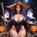 1girl 1girl absurdress ai ai-created ai_generated big_breasts big_breasts bigboobs brown_hair curvaceous ecchi halloween long_hair luststudio magic original purple_eyes stockings thick_thighs wide_hips witch witch_hat