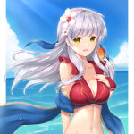 1girl :d alluring animal animal_on_shoulder bare_shoulders bikini bird bird_on_shoulder blue_scarf blue_sky cleavage collarbone fingerless_gloves fire_emblem fire_emblem:_radiant_dawn flower gloves grey_hair groin hair_flower hair_ornament hair_ribbon half_updo hand_on_own_chest high_res intelligent_systems light_rays long_hair looking_at_viewer medium_breasts micaiah_(fire_emblem) micaiah_(wavecrest_maiden)_(fire_emblem) miragetiki navel nintendo ocean open_mouth red_bikini red_gloves ribbon scarf sky smile sunlight swimsuit towel upper_body water yellow_eyes yune_(fire_emblem)