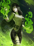 1girl adapted_costume bangs belt big_breasts black_background black_bodysuit black_hair black_nails black_pouch bodysuit breasts crossed_legs crossed_legs_(standing) disney evil_smile female_only female_solo fingerless_gloves floating_hair gloves glowing glowing_eyes green_background green_belt green_bodysuit green_eyes green_gloves green_pouch grey_lipstick grey_skin grin half-closed_eyes hands_up head_tilt holster kim_possible lipstick long_hair long_sleeves magic makeup multicolored_background multicolored_bodysuit multicolored_clothes nail_polish naughty_face neck pale-skinned_female pale_skin parted_lips pouch shade shaded_face shego skin_tight sleeves_rolled_up smile standing straight_hair supervillainess swept_bangs torn_bodysuit torn_clothes two-tone_background two-tone_bodysuit very_long_hair villainess zarory