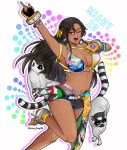 1girl 1girl alluring animal barefoot big_breasts black_hair cleavage dark-skinned_female dark_skin earrings fingerless_gloves gloves high_res jewelry laizy_b0yo4 lemur long_hair looking_to_the_side miary_zo nail_polish namco one_eye_closed open_mouth red_eyes ring-tailed_lemur short_shorts shorts smile tekken tekken_8 yellow_nails