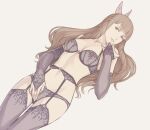 1girl alluring black_bra black_panties bra brown_eyes brown_hair cleavage female_focus fire_emblem fire_emblem_awakening garter_belt garter_straps hair_ornament iktk intelligent_systems lace lace-trimmed_panties lace_trim lingerie long_hair looking_at_viewer navel nintendo open_mouth panties simple_background smile stockings sumia_(fire_emblem) underwear underwear_only