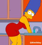 1girl 20th_century_fox almilday black_hair blue_hair female_focus fox_corporation jewelry kitchen long_hair looking_at_viewer marge_simpson milf pearl_necklace red_dress side_view the_simpsons yellow_skin