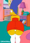 1girl 20th_century_fox almilday ass ass_focus black_hair blue_hair female_focus fox_corporation jewelry long_hair looking_back marge_simpson milf panties pearl_necklace red_dress the_simpsons yellow_skin