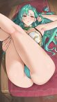 1girl 1girl alluring aqua_hair aqua_nails aqua_panties ass big_breasts braid cameltoe chloe_(fire_emblem) commentary earrings english_commentary fire_emblem fire_emblem_engage green_eyes green_hair high_res intelligent_systems jewelry legs_up long_hair lying nintendo on_back panties parted_lips pussy_juice sendo_(sendrawz) sendrawz signature single_braid thighs underwear very_long_hair