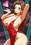 1girl 1girl 1girl alluring arms_up big_breasts big_breasts blue_eyes blush brown_hair cleavage dress earrings heart jewelry lipstick long_hair looking_at_viewer makeup mario_(series) nintendo pauline red_dress shiya_moegin thighs