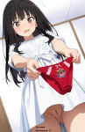 black_hair bottomless brown_eyes holding_panties hypnotized long_hair make_heroine_ga_oo_sugiru! nekom14 no_panties nukumizu_kaju open_mouth panties_removed pussy red_panties upskirt white_dress