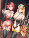 2_girls absurd_res big_breasts black_horns black_leotard blonde_hair blush candy chest_jewel core_crystal_(xenoblade) cowboy_shot demon_girl demon_horns demon_wings eyelashes food ghonky halloween halloween_bucket high_res horns indoors leotard long_hair low_wings multiple_girls mythra_(xenoblade) open_door panties pyra_(xenoblade) red_eyes red_hair red_panties red_vest short_hair tiara underwear vest wings xenoblade_(series) xenoblade_chronicles_2 yellow_eyes
