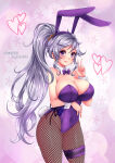 1girl 1girl absurd_res alternate_costume animal_ears bare_shoulders big_breasts bow bowtie cleavage collar commission fire_emblem fire_emblem:_genealogy_of_the_holy_war fishnets high_res intelligent_systems ishtar_(fire_emblem) nintendo playboy_bunny ponytail purple_bow purple_bowtie purple_eyes purple_hair rabbit_ears rabbit_tail sugarbell tail v wrist_cuffs