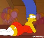 1girl 20th_century_fox almilday ass black_hair blue_hair breasts female_focus fox_corporation long_hair looking_back lying marge_simpson milf panties red_dress the_simpsons yellow_skin