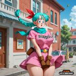 1girl 1girl 1girl absurdress ai ai-created ai_generated anime aqua_hair big_breasts big_breasts blue_eyes blue_hair blush bottomless braless bulma curvaceous dgb dragon_ball dragon_ball dress ecchi erect_nipples fan_art fanart long_hair manga no_bra nobra short_sleeves stockings thick_thighs wardrobe_malfunction wide_hips wind_lift