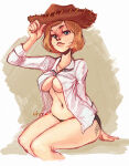 1girl 1girl blue_eyes cosplay cowboy_hat cowgirl disney ehryel looking_at_viewer milf mrs._davis open_clothes open_shirt panties pixar pixar_mom shirt text_on_ass toy_story unbuttoned_shirt