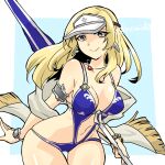 1girl 1girl alluring alternate_costume aqua_background armlet blonde_hair blue_one-piece_bikini bracelet cleavage cowboy_shot earrings feather_earrings feathers female_focus fire_emblem fire_emblem_echoes:_shadows_of_valentia grey_eyes intelligent_systems jewelry lance lips long_hair looking_at_viewer mathilda_(fire_emblem) medium_breasts navel necklace nintendo one-piece_bikini polearm sash simple_background smile swimsuit thigh_gap twitter_username visor_cap weapon yukia_(firstaid0)