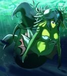 1girl anthro female giga_mermaid green_body green_eyes green_hair hair high_res jewelry marine merfolk navel sad shantae solo sonicboom30813 split_form underwater water wayforward