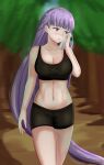 1girl 1girl alluring big_breasts black_shorts cleavage commission commissioner_upload female_focus fire_emblem fire_emblem:_the_binding_blade fire_emblem_heroes high_res intelligent_systems long_hair matching_hair/eyes midriff nature navel nintendo purple_eyes purple_hair short_shorts shorts sophia_(fire_emblem) sports_bra sportswear sweat tank_top tree very_long_hair zipperqr