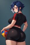 blue_hair huge huge_ass medium_breasts red_eyes thighs volleyball_(object) volleyball_uniform volleygirl