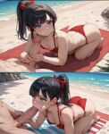 ai_generated arched_back ass beach beach_background blue_eyes comic_panel etm_ai fellatio kneel nervous on_knees red_bikini younger_female