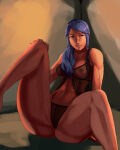 1girl 1girl aka6 alluring ass babydoll bare_shoulders black_panties blue_hair female_focus fire_emblem fire_emblem_fates gradient_background happy high_res intelligent_systems lingerie lips mature_female nintendo panties ponytail reina_(fire_emblem) scar thick_thighs thighs underwear yellow_eyes