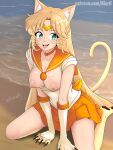 1girl beach bishoujo_senshi_sailor_moon blonde_hair blue_eyes breasts_out cat_ears cat_tail catgirl female_focus kiurfi knees long_hair minako_aino miniskirt nipples paws sailor_venus transformation